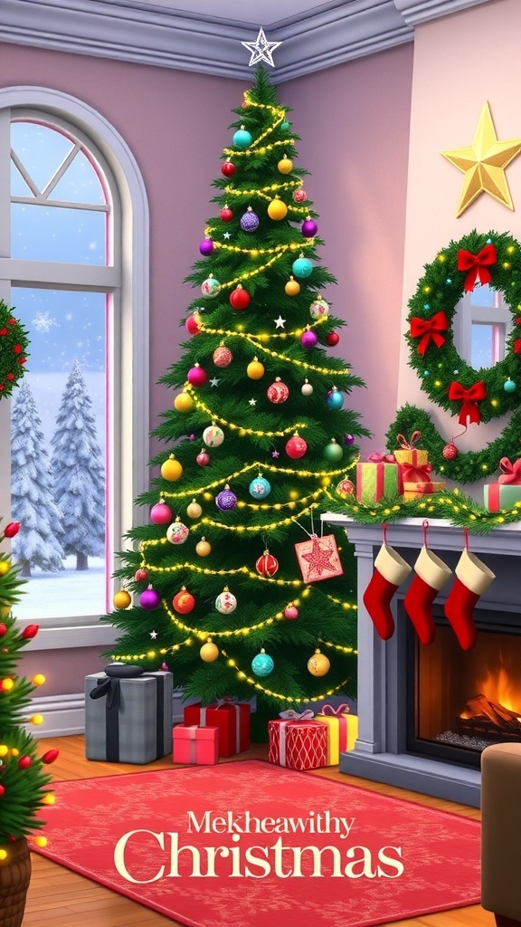 The Sims 4 CC Christmas Decorations Sims 4 living room with Christmas tree, decorations, and cozy fireplace.